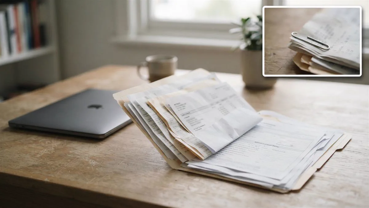 A folder of receipts, bank statements and school enrolment forms laid out on a desk beside a laptop.