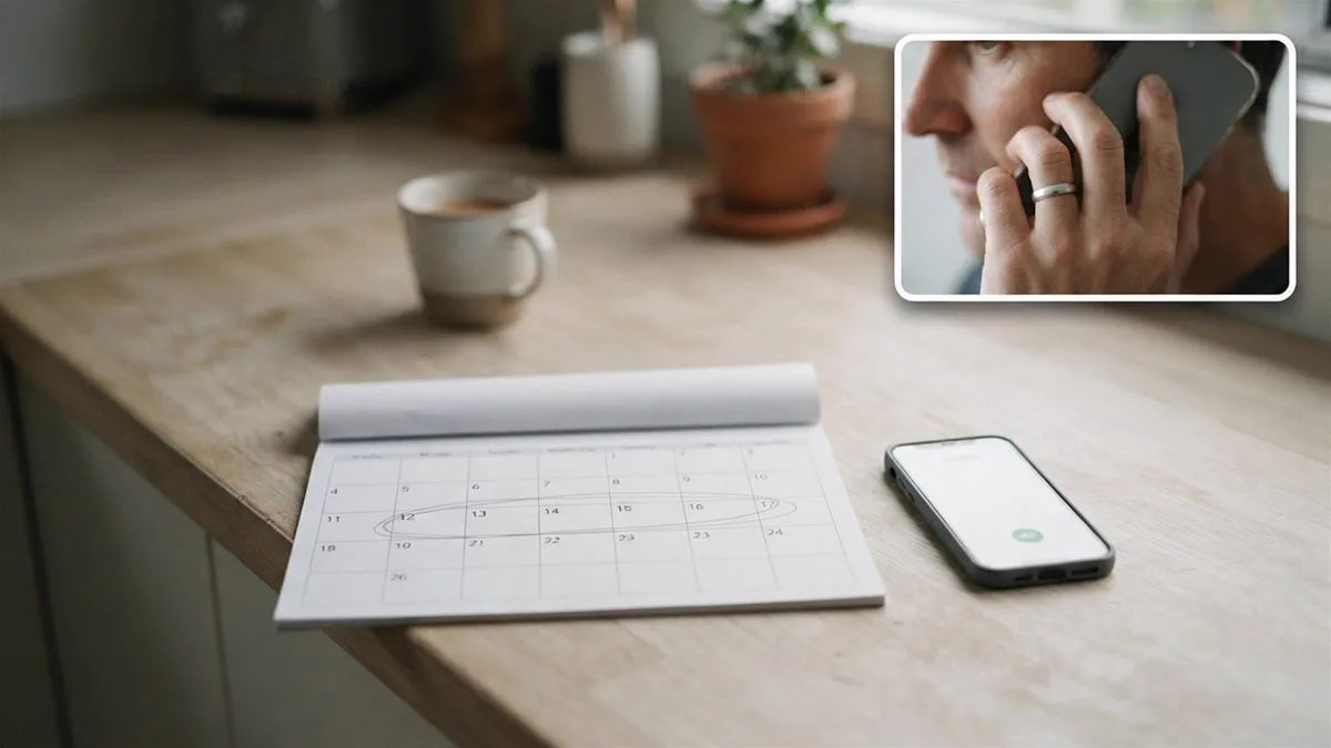A calendar page with a fortnight circled and a phone beside it showing a call in progress.