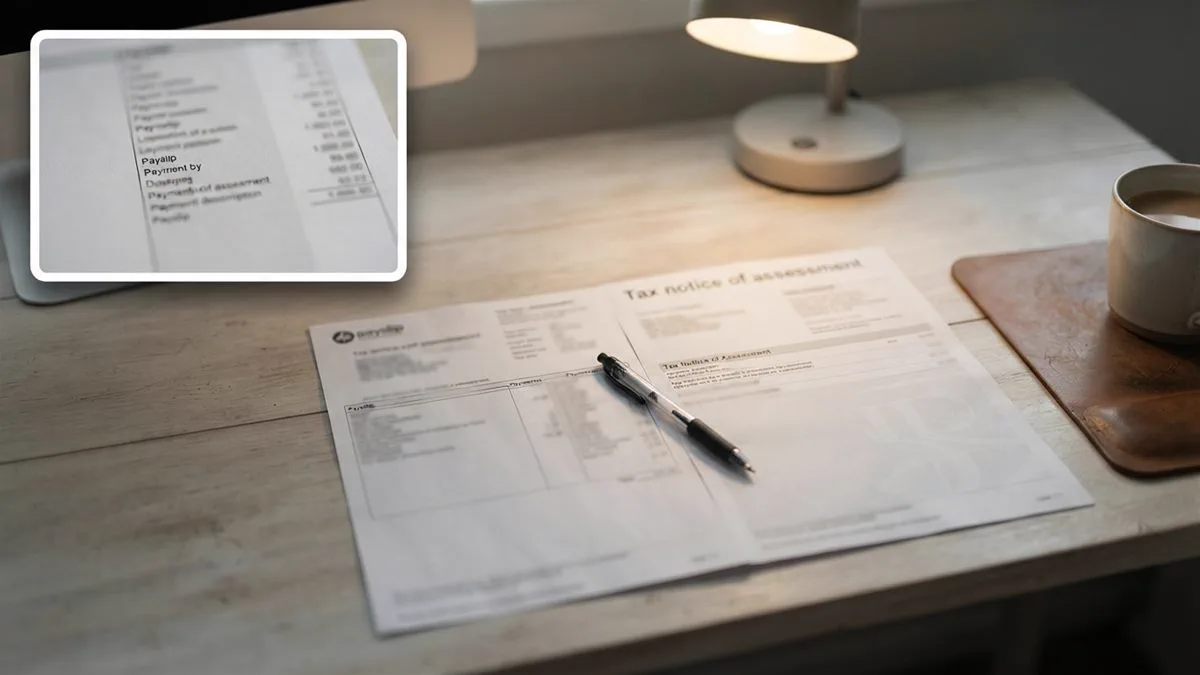 A payslip and a notice of assessment side by side under a desk lamp.