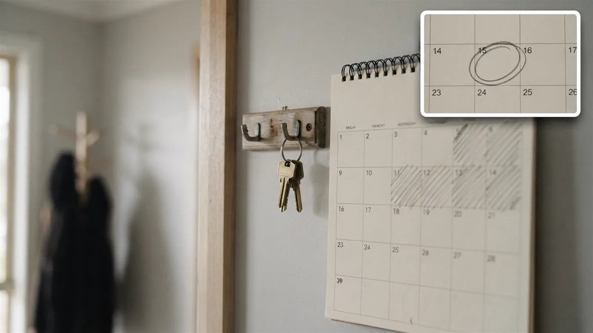 A wall calendar with alternate weekends and school holidays marked, beside a set of house keys.