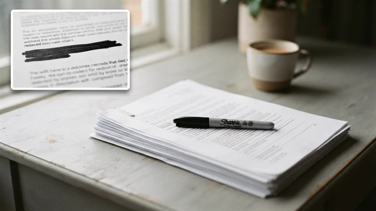 A stack of documents with a redaction marker resting on top, on a plain desk.