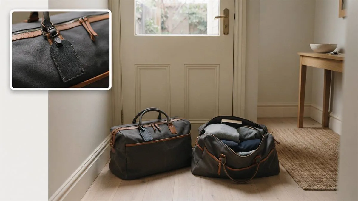 Two identical overnight bags by a front door, one packed and one waiting.