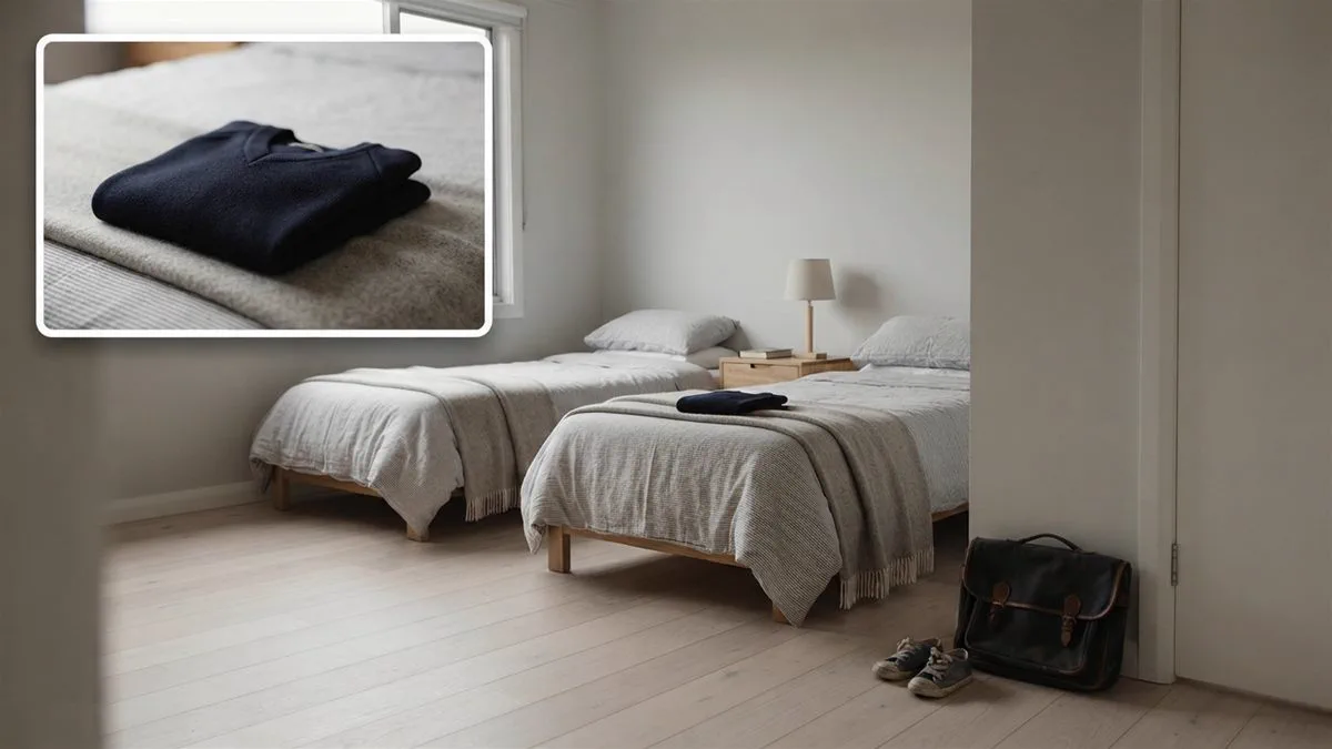 A bedroom with two single beds made up and a school bag by the door, waiting.