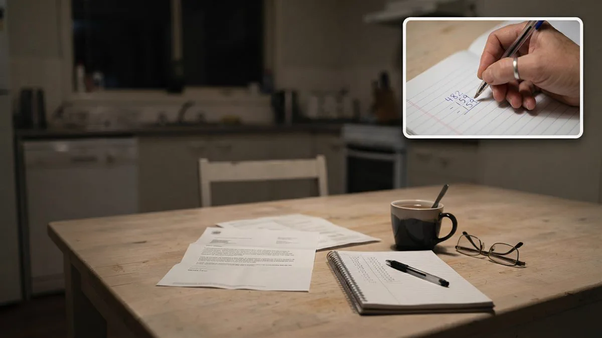 A parent at a kitchen table working through a child support assessment notice with a pen and a notepad.