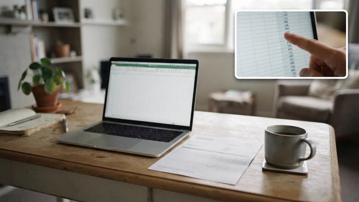 A payslip and a laptop showing a spreadsheet, on a desk with a cup of tea going cold.