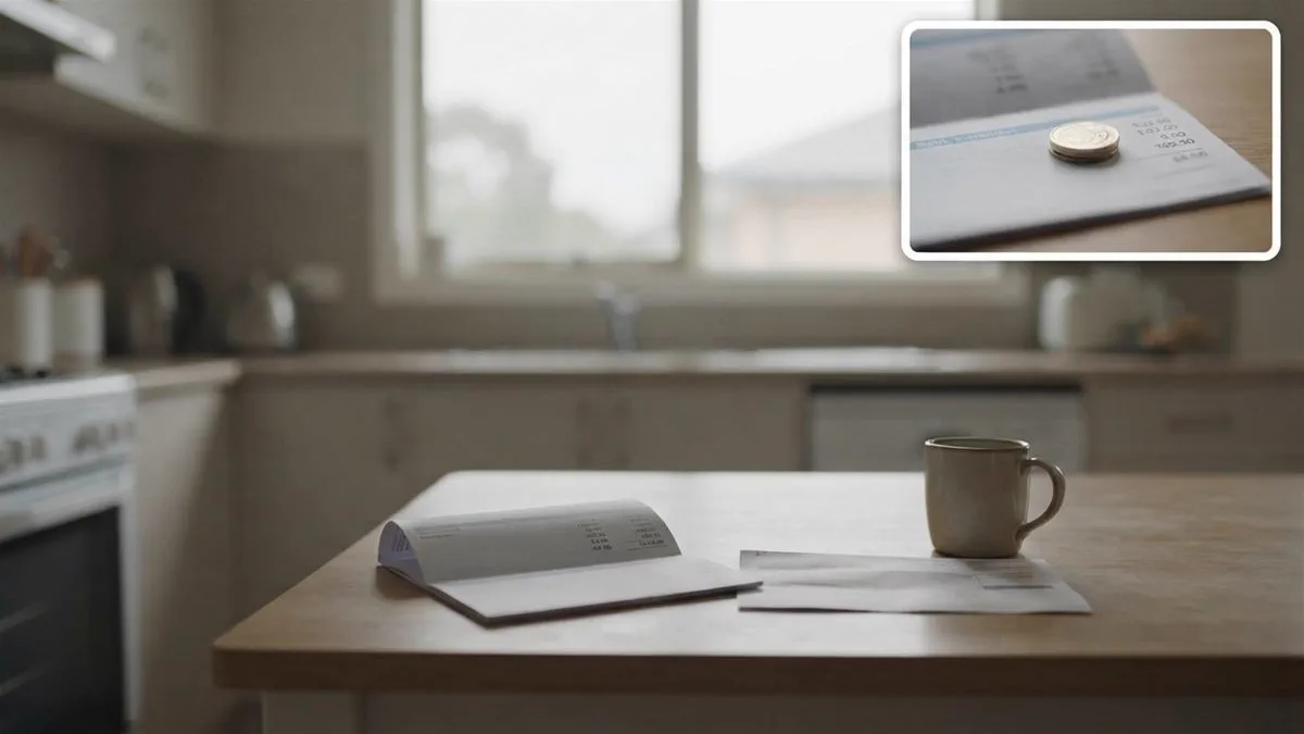 A kitchen table with a bank statement, a bill and a mug, in flat afternoon light.