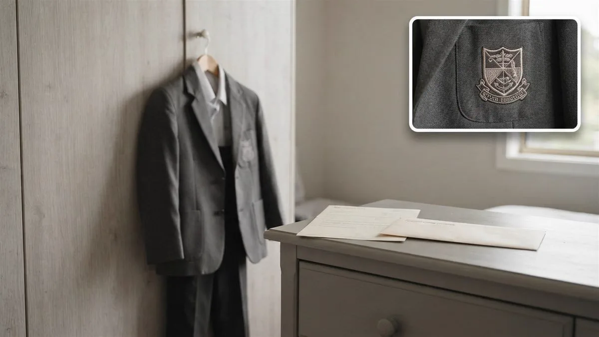 A school uniform on a hanger beside an enrolment form and an unopened fee statement.
