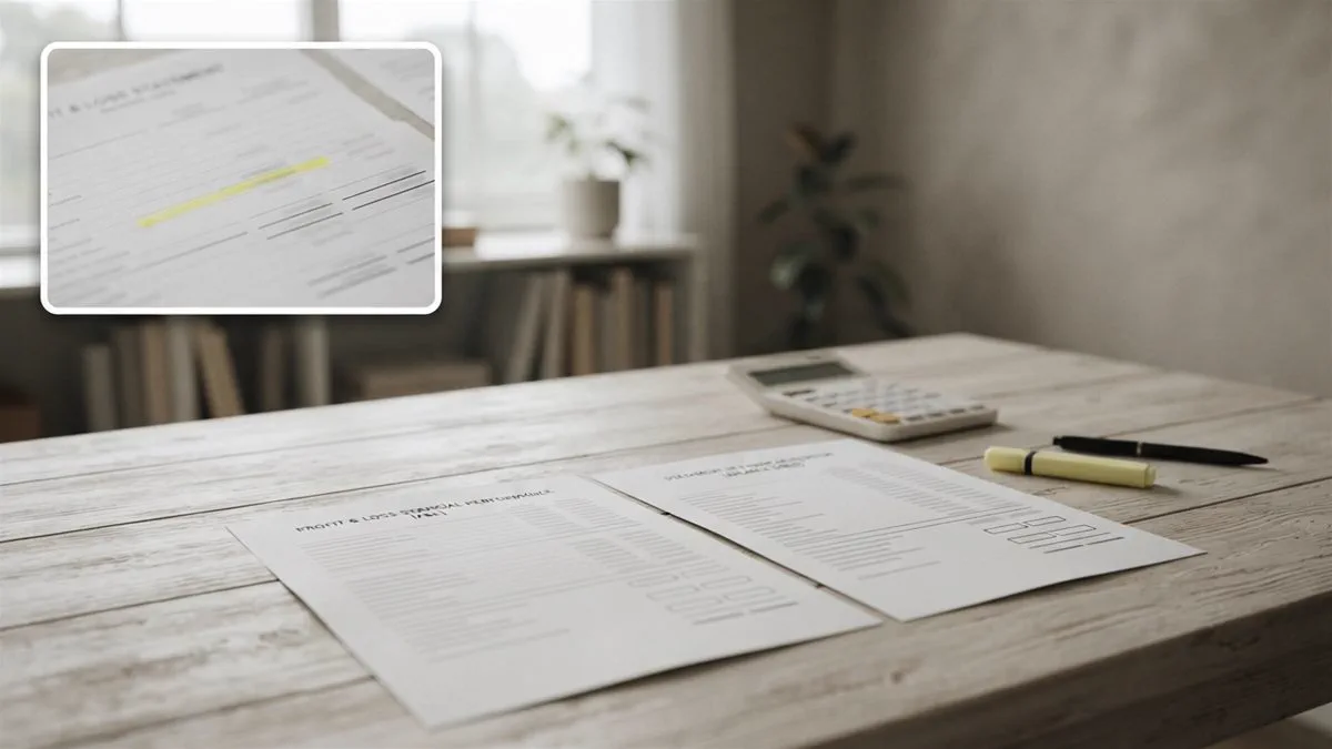 A business profit and loss statement and a balance sheet spread across a desk with a calculator.