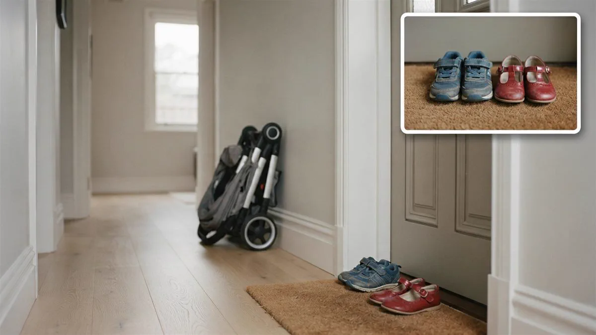A hallway with two sets of children's shoes by the door and a pram folded against the wall.