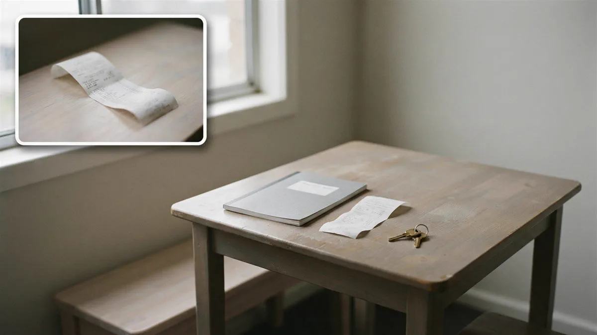 A rental ledger, a grocery receipt and a set of keys on a small table in a modest flat.