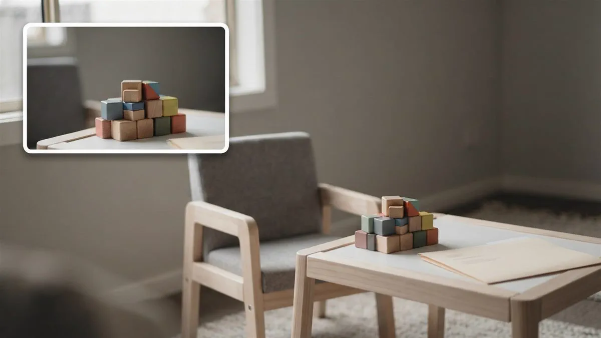 A therapy room with a small chair, a set of sensory blocks and a folder of appointment letters.