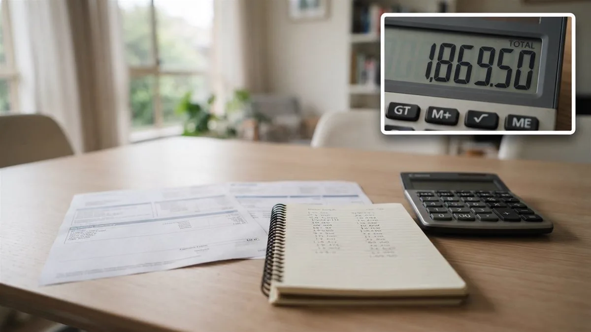 Two payment summaries laid out beside a calculator and a notepad with figures written on it.