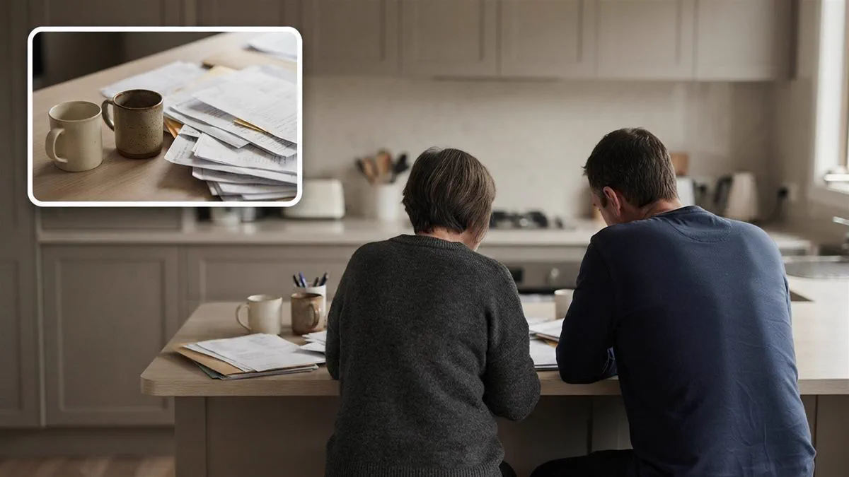 Two people at a kitchen bench going through paperwork together in the evening.