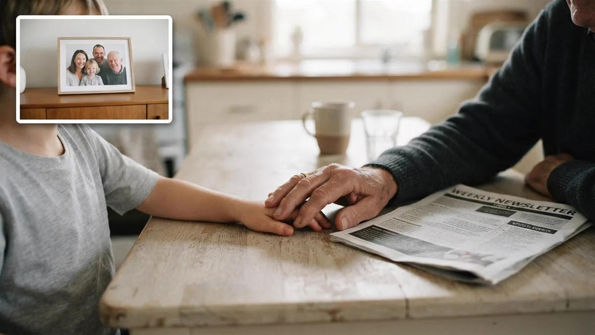 An older person's hand and a child's hand together on a kitchen table beside a school newsletter.