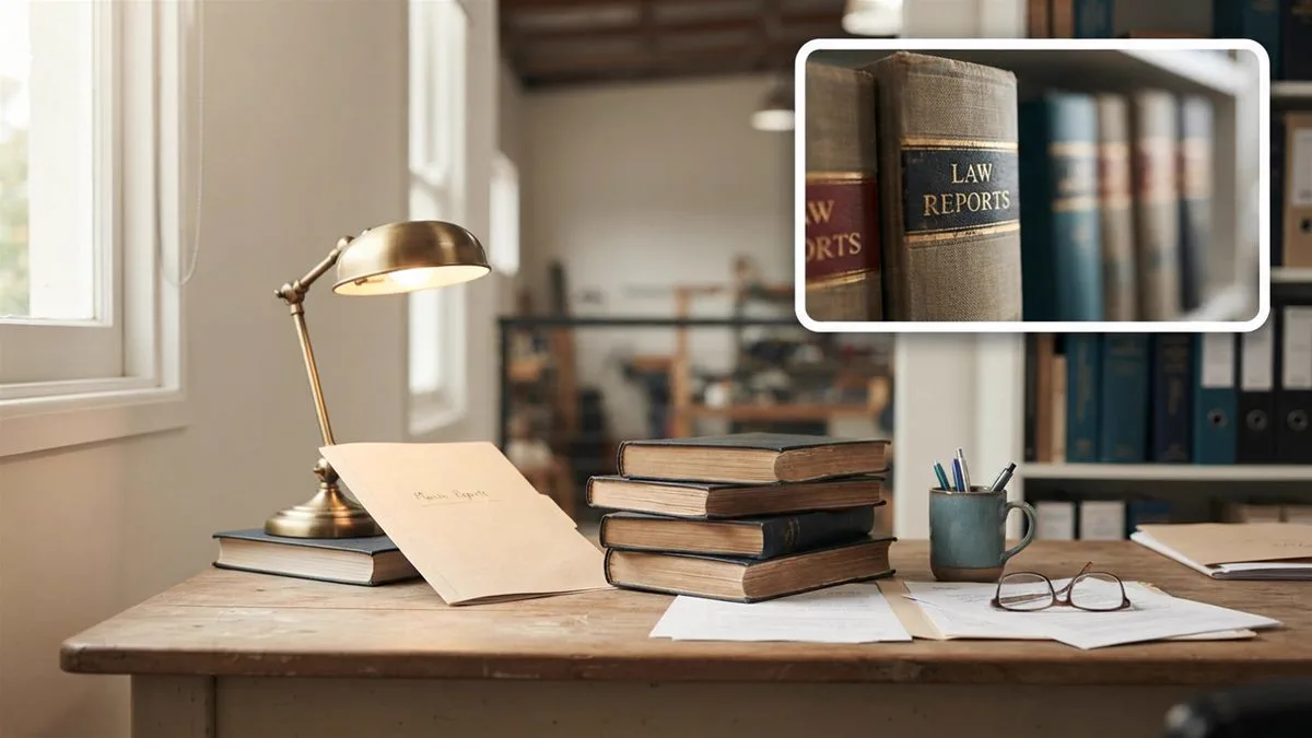 Law reports and trust deeds stacked on a desk in a quiet office