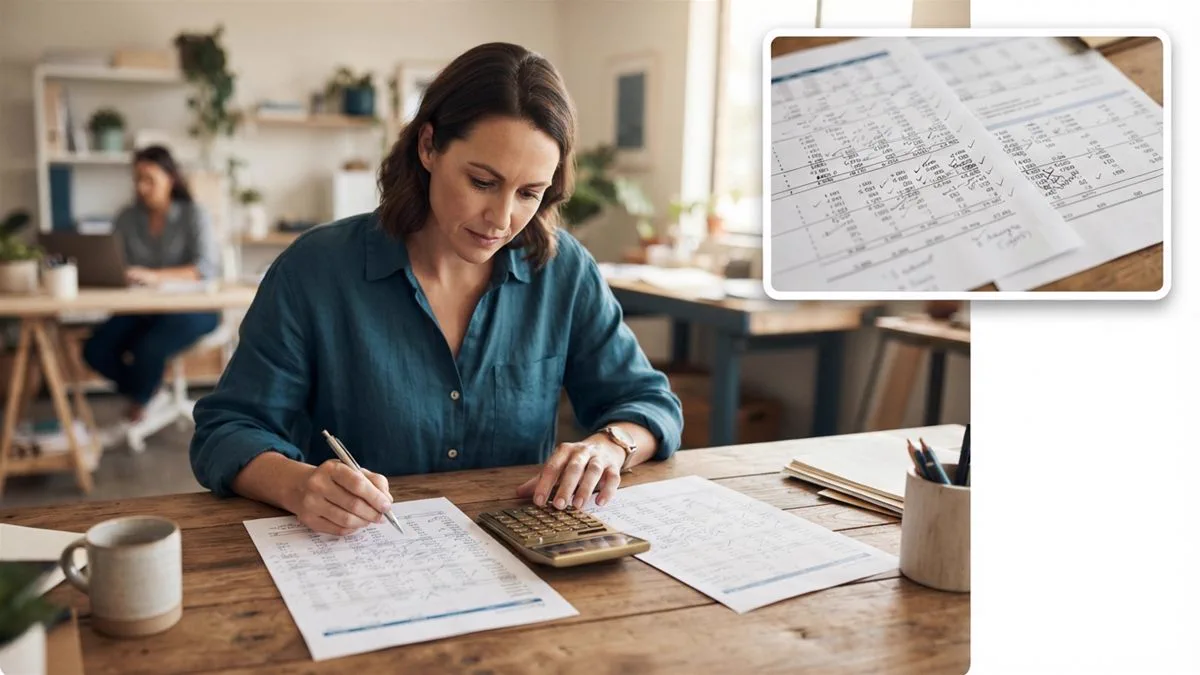 Two sets of figures side by side on a desk with a calculator between them