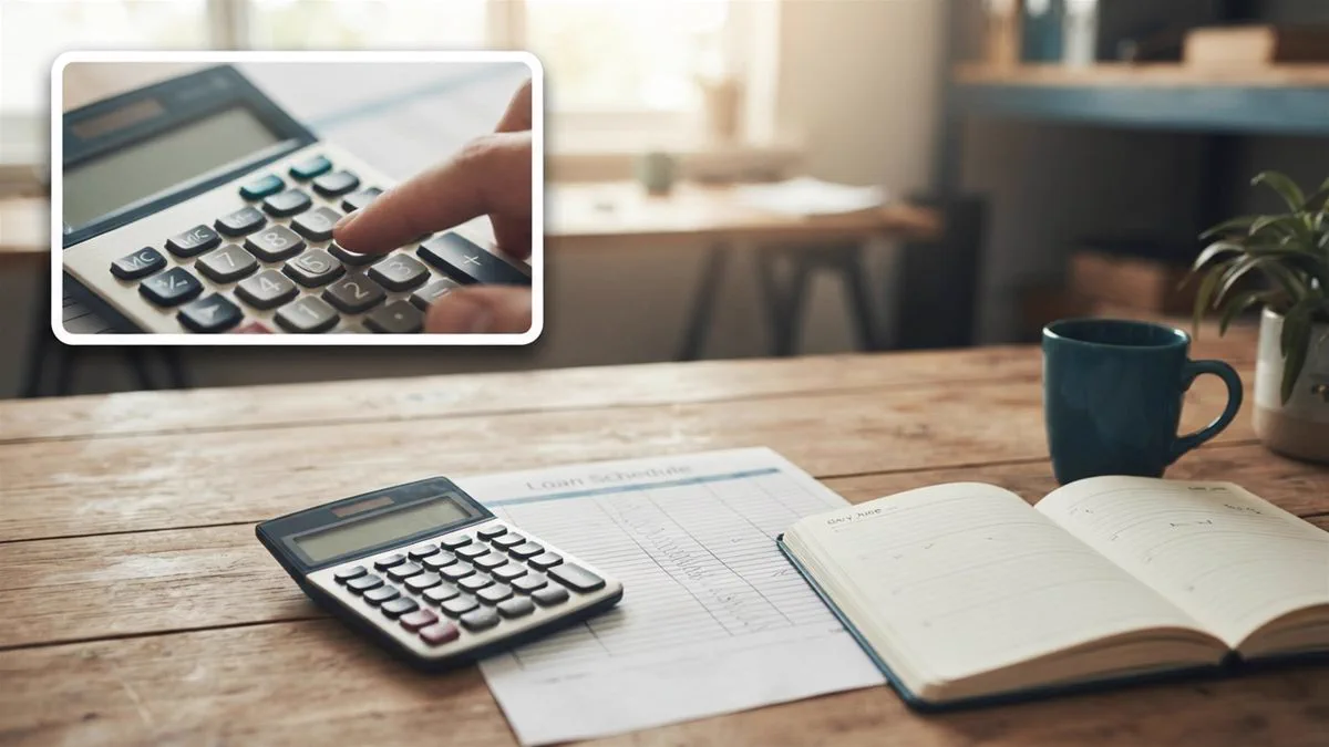 A calculator, a loan schedule and a diary open at 30 June on a desk
