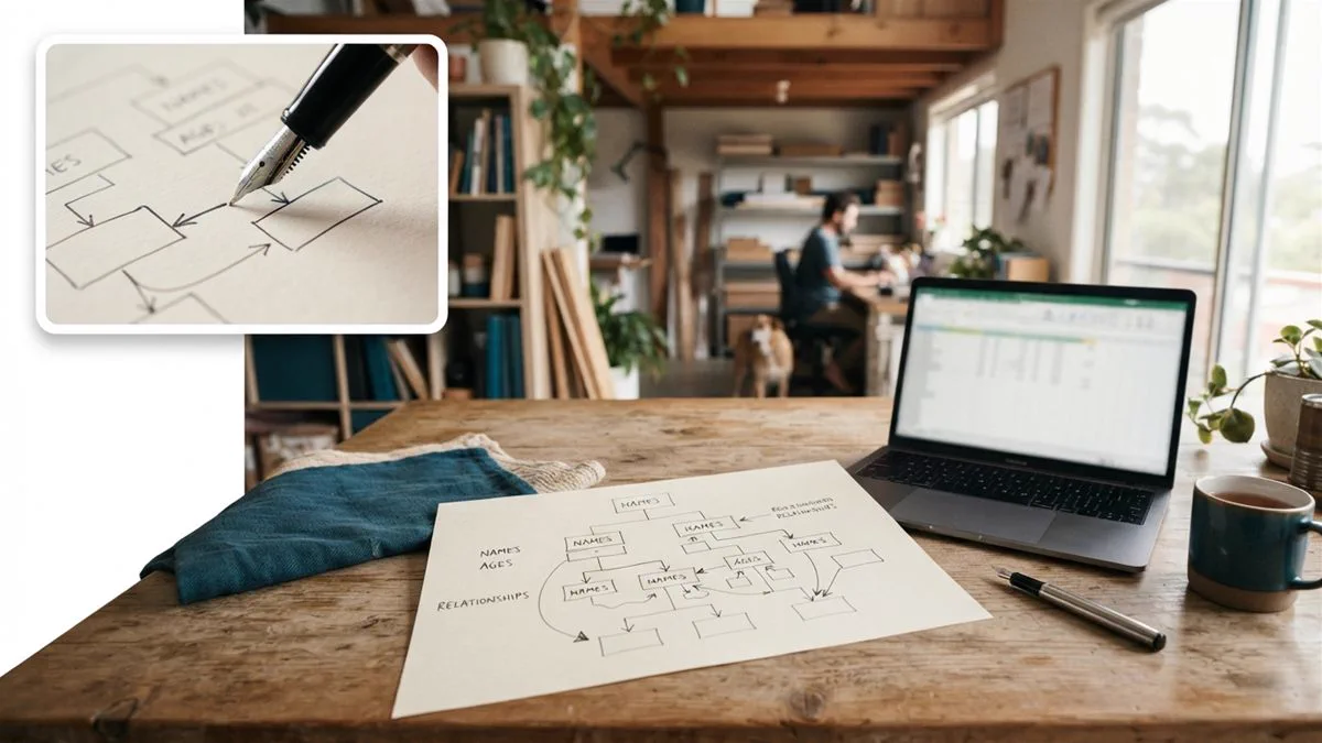 A diagram of a family group structure sketched on paper beside a laptop