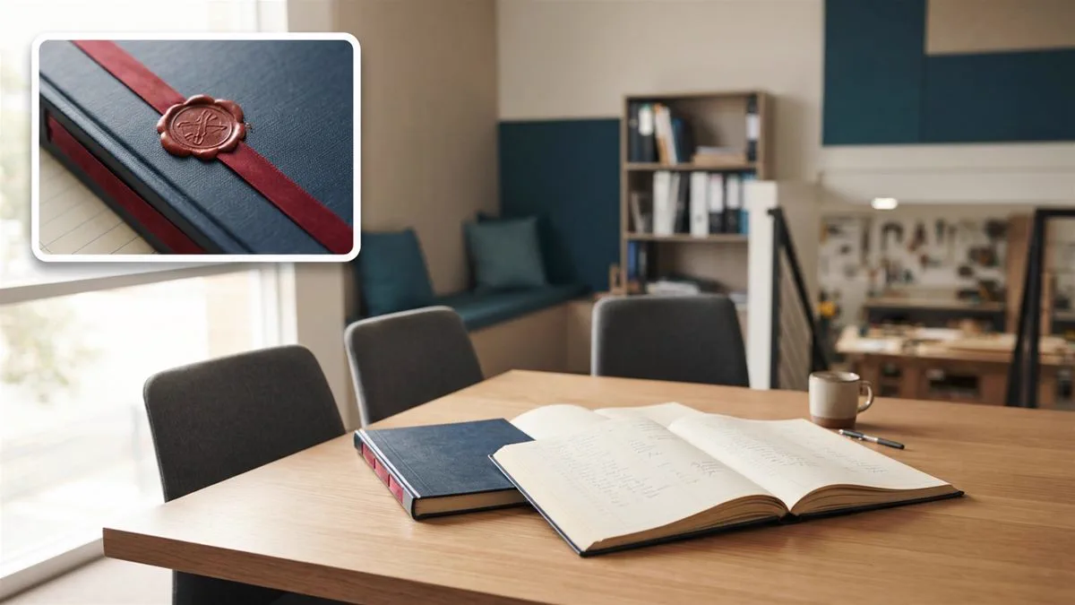A trust deed and a company minute book open together on a boardroom table