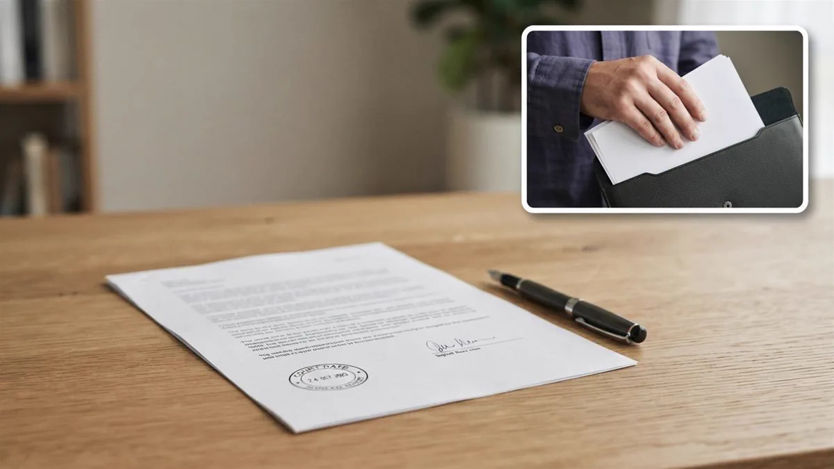 A signed document, a pen and a court stamp on a plain desk in daylight