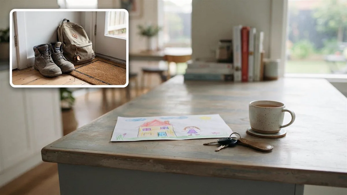 A worn kitchen bench with a child’s drawing, car keys and a mug, in warm afternoon light