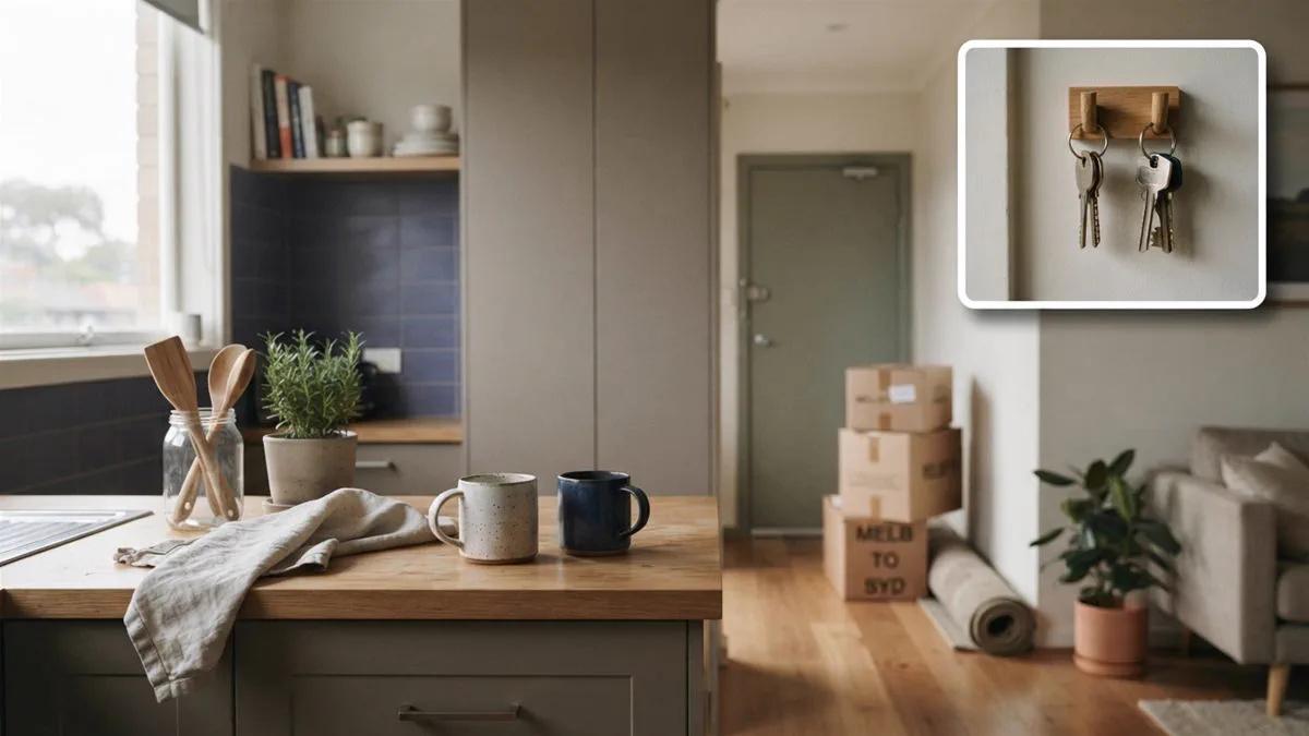 A shared apartment kitchen with two mugs and a set of moving boxes by the door