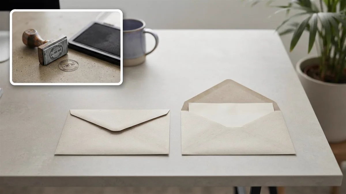 Two separate envelopes on a desk, one sealed and one opened, in flat daylight