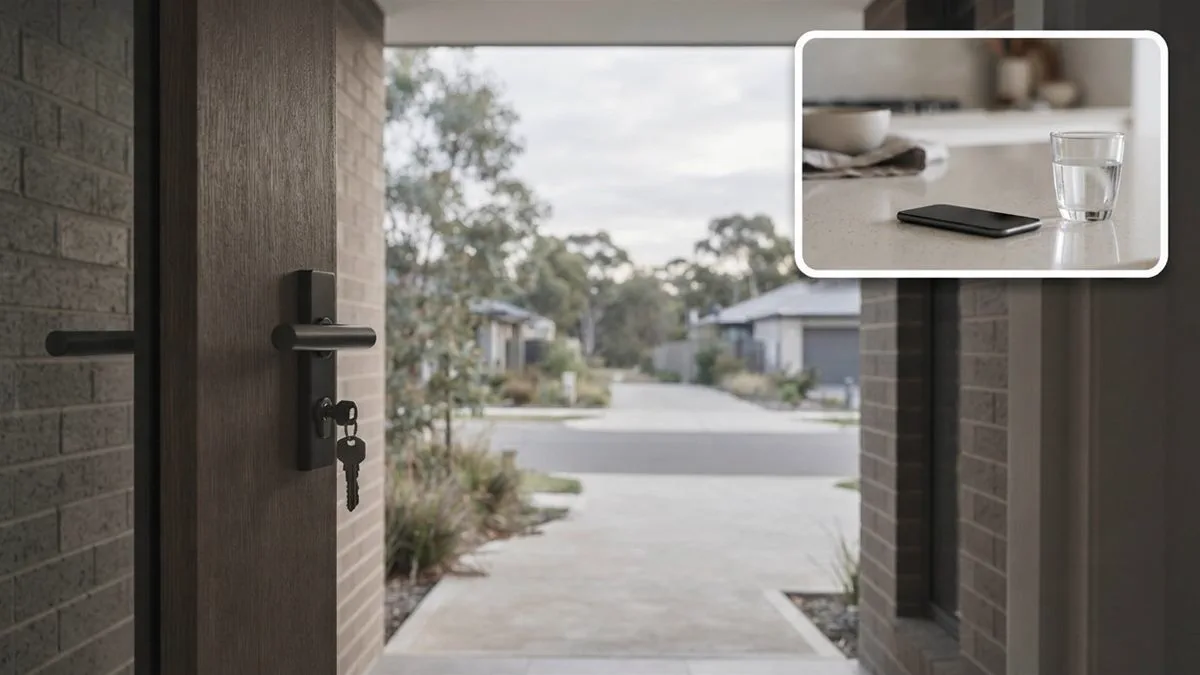 An open front door onto a quiet street at dawn, keys in the lock, nobody in frame