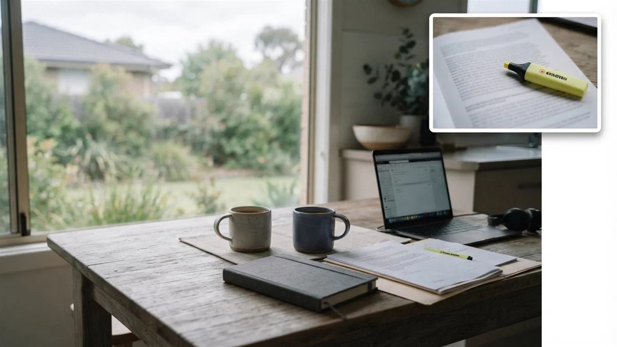 A kitchen table with two chairs, papers and a laptop, in soft morning light