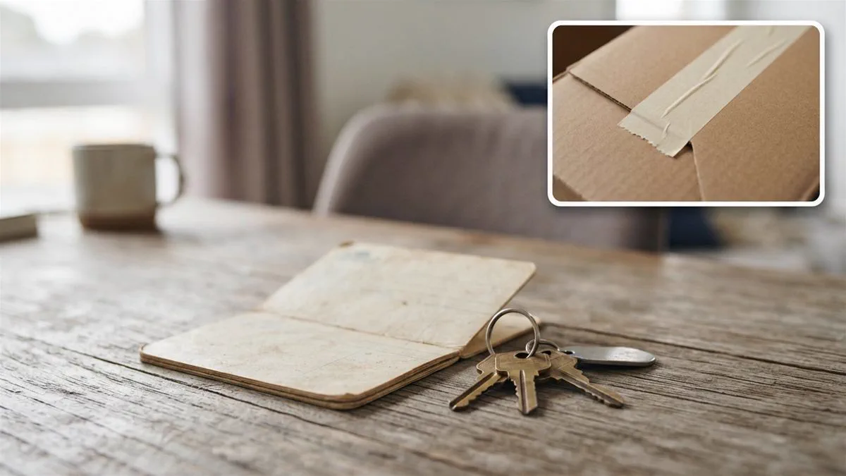 An old bank passbook and a set of house keys on a wooden table in soft daylight