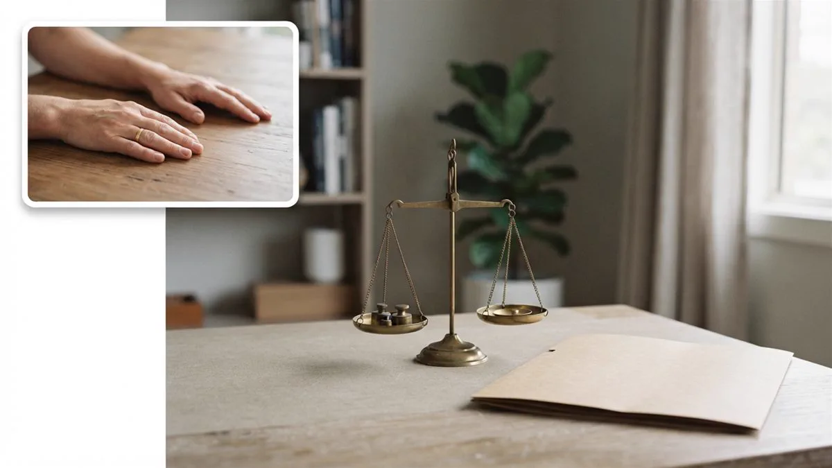 A set of brass balance scales on a plain desk beside a closed folder