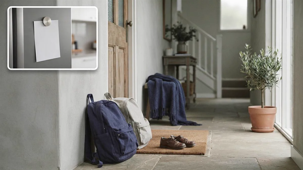 Two school bags and a pair of small shoes by a front door in morning light