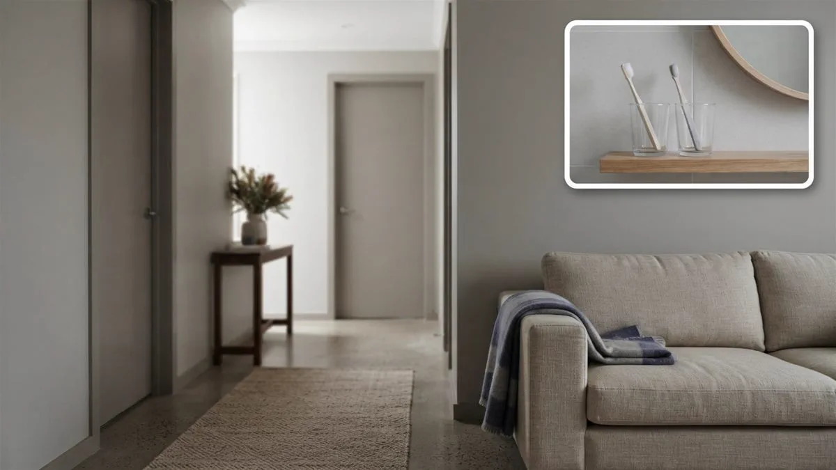 A hallway with two closed doors and a folded blanket on a couch, quiet daylight