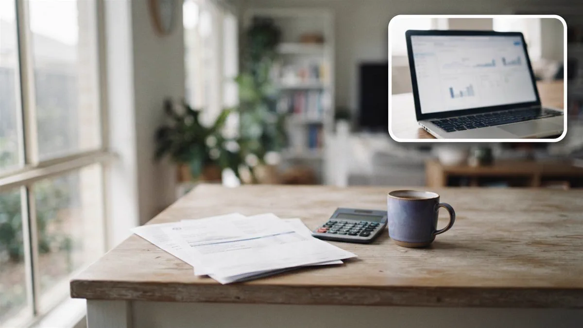 A superannuation statement on a kitchen bench beside a calculator and a cup of tea