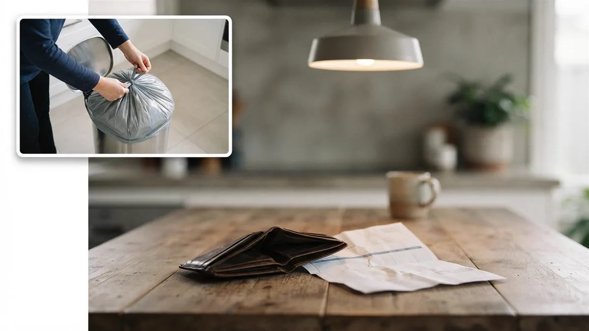 An empty wallet and a bank statement on a table under a hanging kitchen light