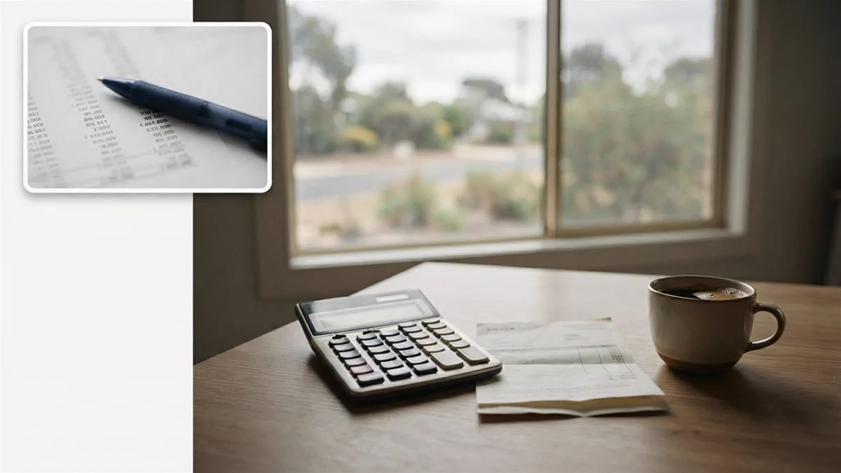 A calculator, an invoice and a cup of coffee on a table beside a window