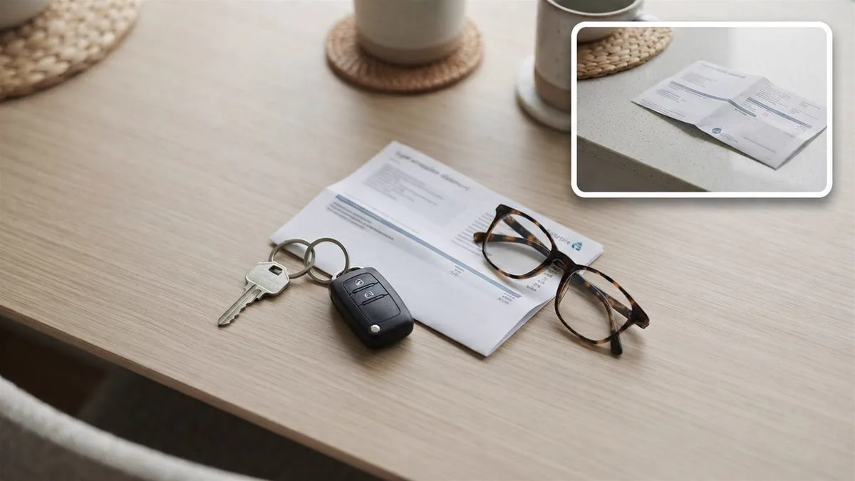 A tidy desk with a house key, a car key, a bank statement and a pair of reading glasses