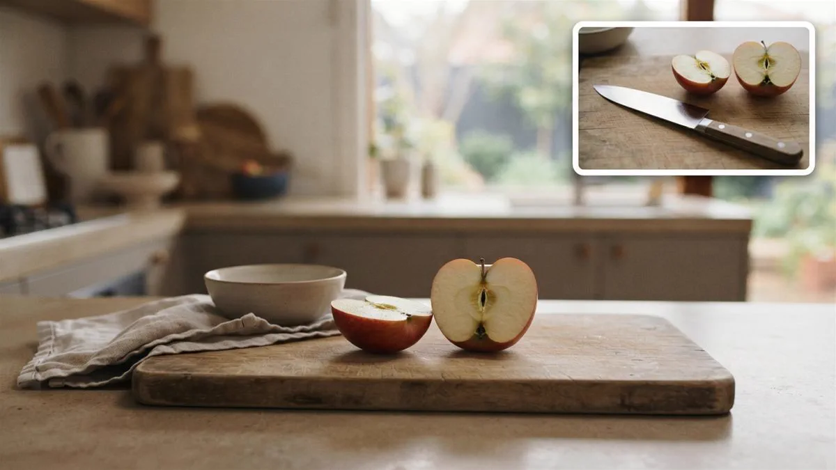 A single apple cut in half on a wooden board, one half slightly larger