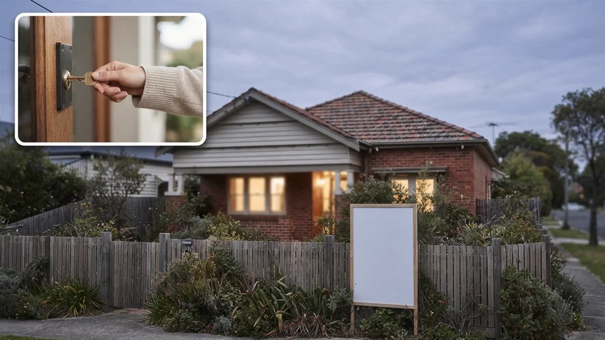 A suburban Australian house at dusk with a for sale sign leaning against the fence