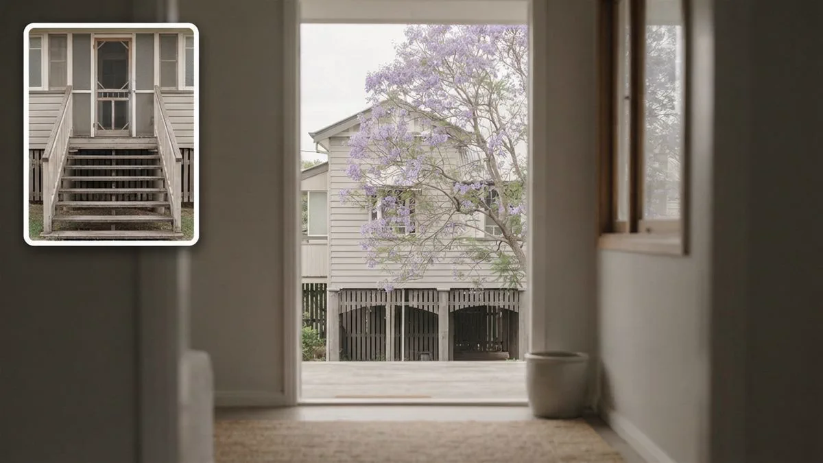 A Queenslander house on stumps behind a jacaranda, in soft morning light.
