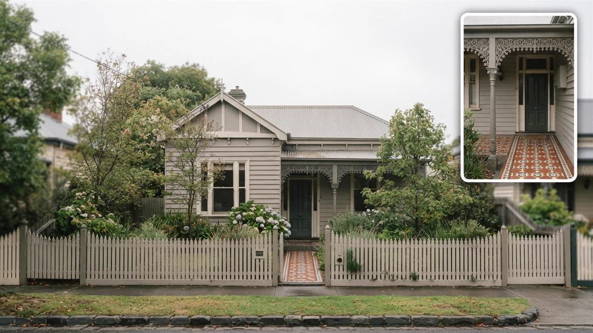 A Melbourne weatherboard house behind a low front fence on a still morning.