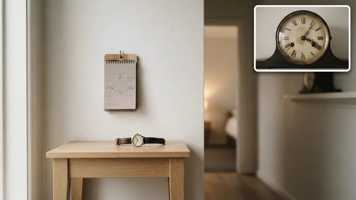 A wall calendar and a wristwatch on a hallway table, in flat afternoon light.