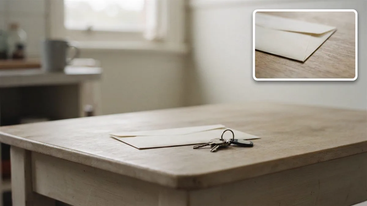 An unopened envelope and a set of house keys on a kitchen table in morning light.