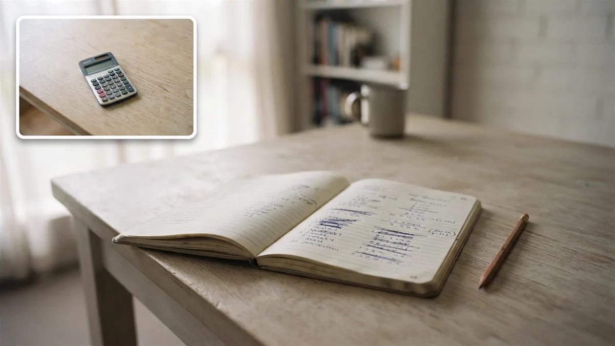 A pencil and a ruled notebook on a table, with figures written and crossed out.