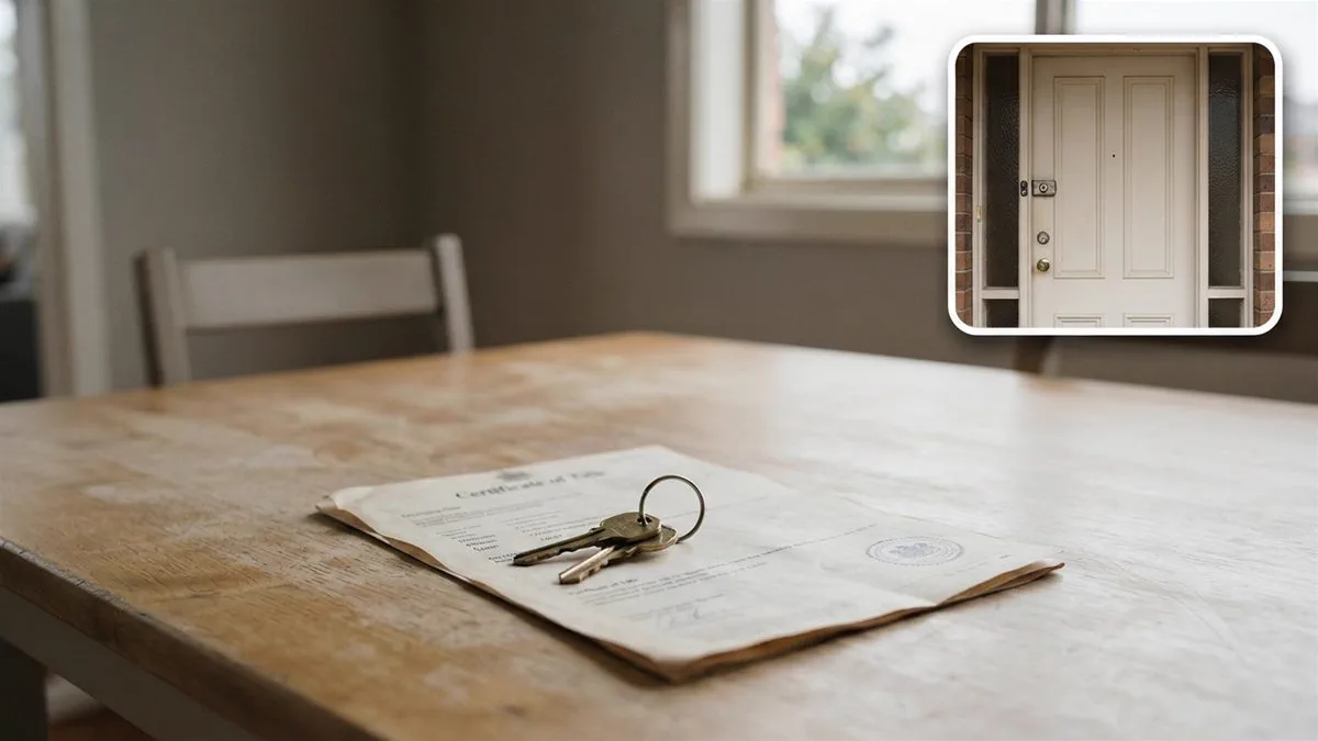 A pair of house keys on a certificate of title, on a wooden table.