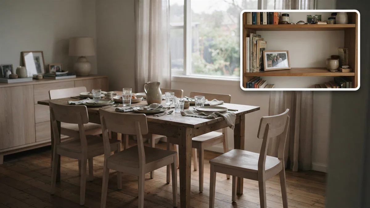 An empty chair at a set dining table, photographed in quiet daylight.