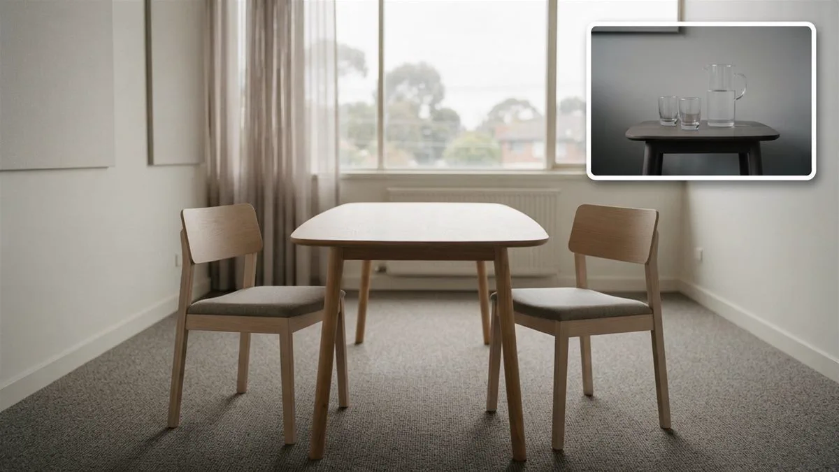 Two empty chairs facing each other across a plain table in a bare meeting room.