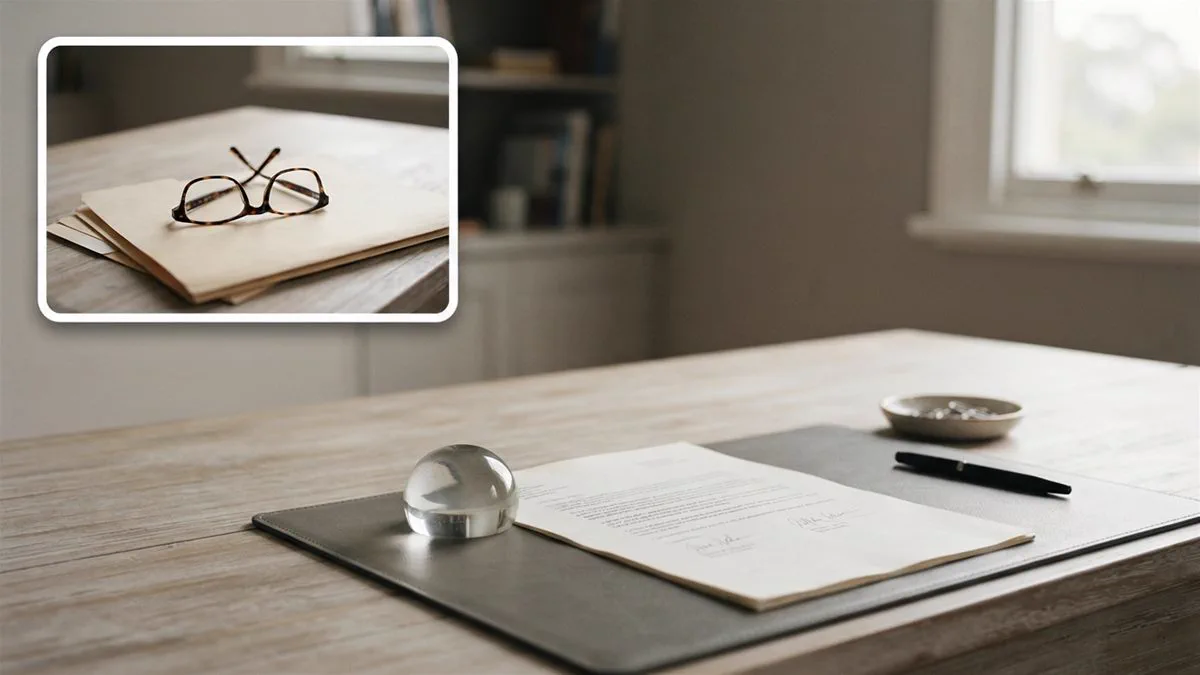 A signed document under a paperweight on a solicitor's desk, in daylight.