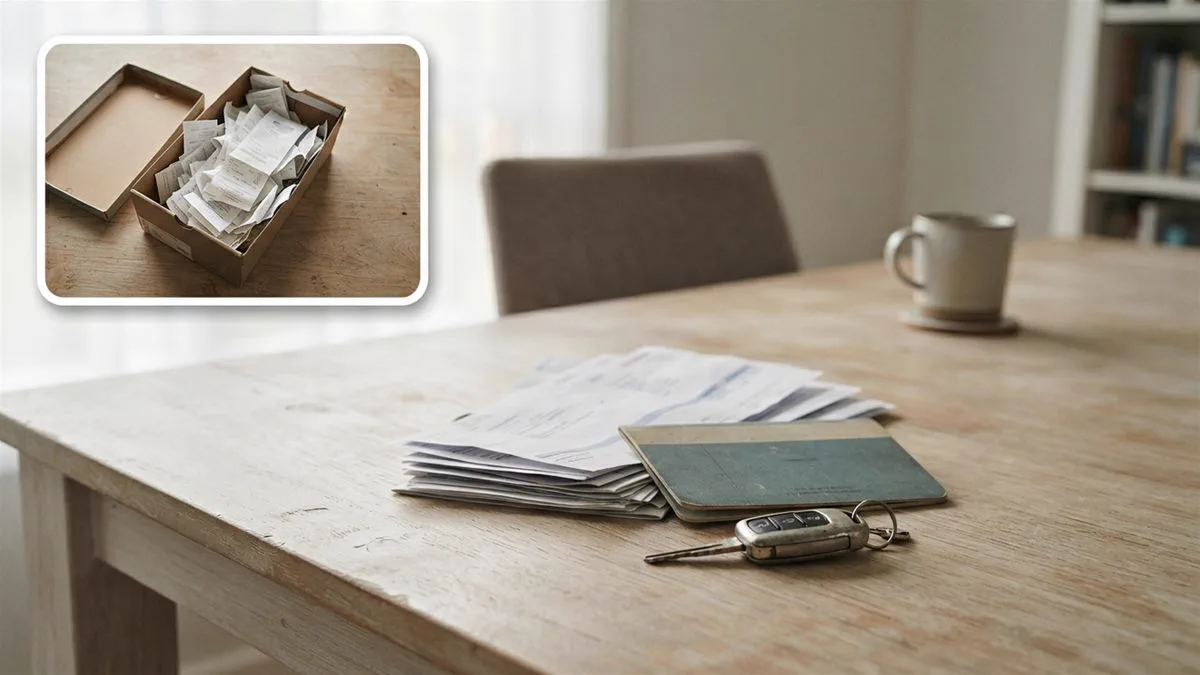 A tidy pile of statements, a bank book and a car key on a dining table.
