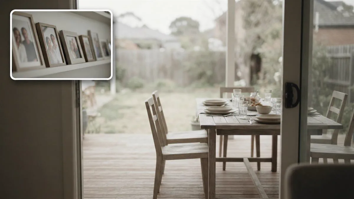 Three generations of a family seated around an outdoor table, seen from a distance.